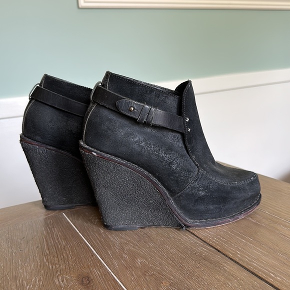 Rag & Bone black waxed leather platform ankle wedge boot 7.5 38